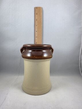 Vintage Two-Tone Stoneware Utensil Crock in Brown and Cream